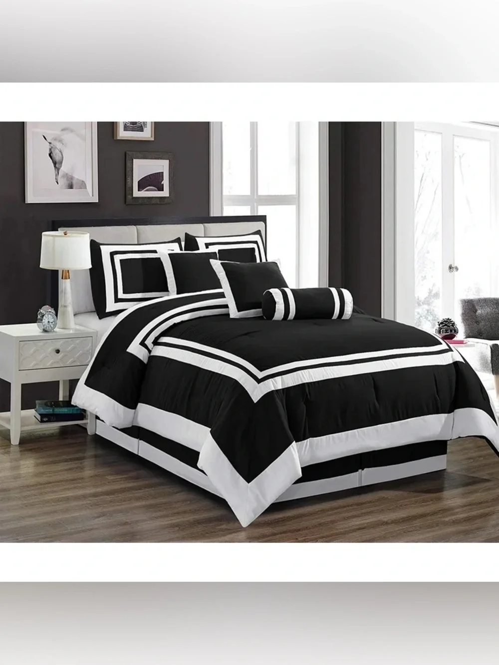 Black and White Striped king 7 piece Comforter Set - Modern Home Bedding